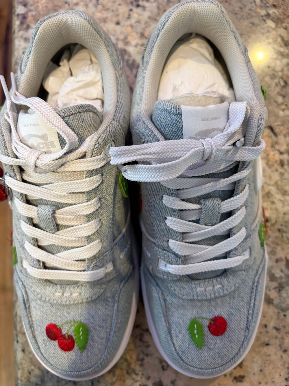 Coach Women’s Light Blue Denim Sneakers with Red Cherry Embroidery